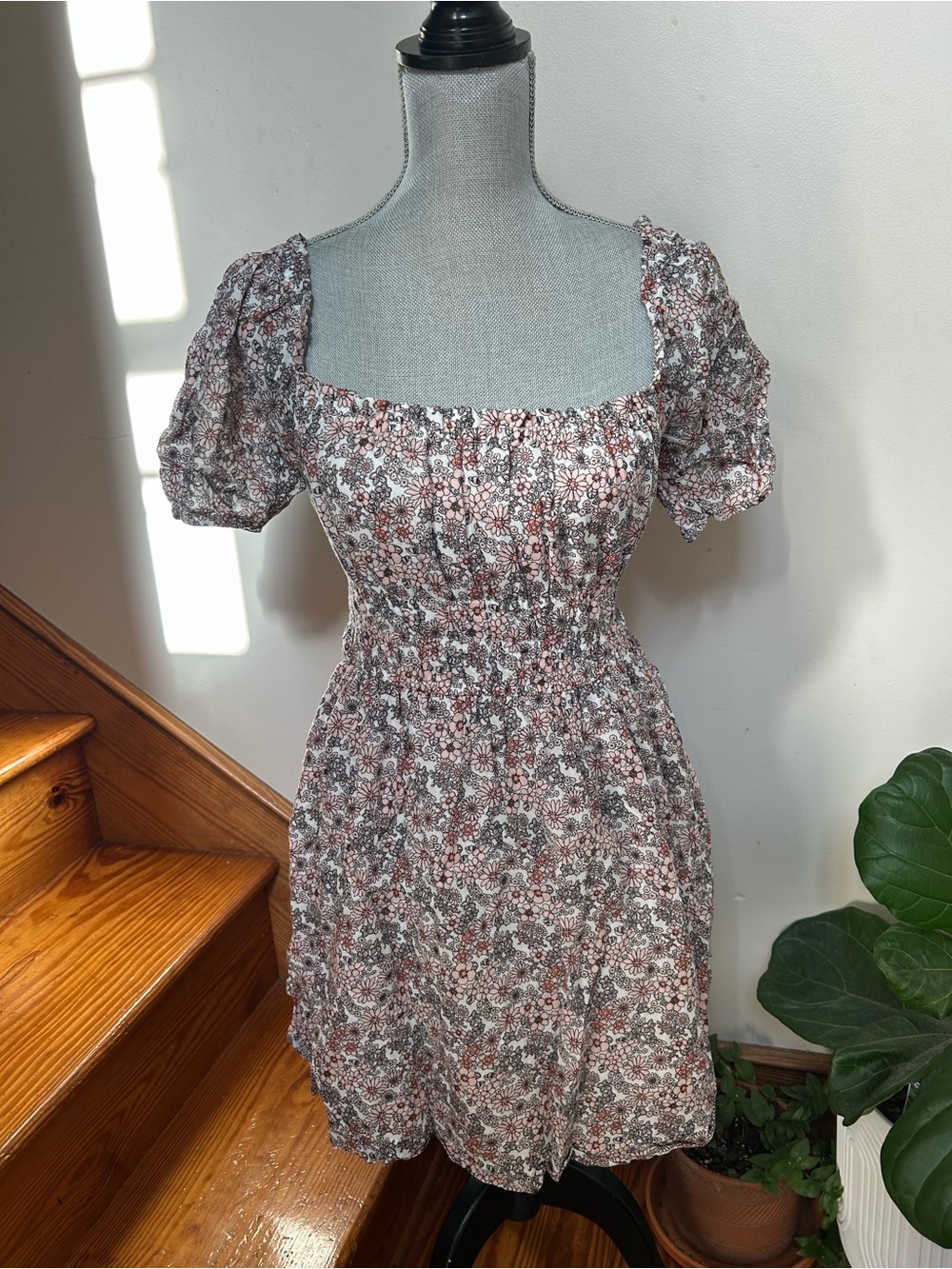 bp Floral Smocked Mini Dress - White, Brown & Gray